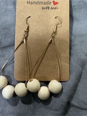 Handmade Gold Hoop Earrings with Cream Wooden Beads - Lightweight Drop Style